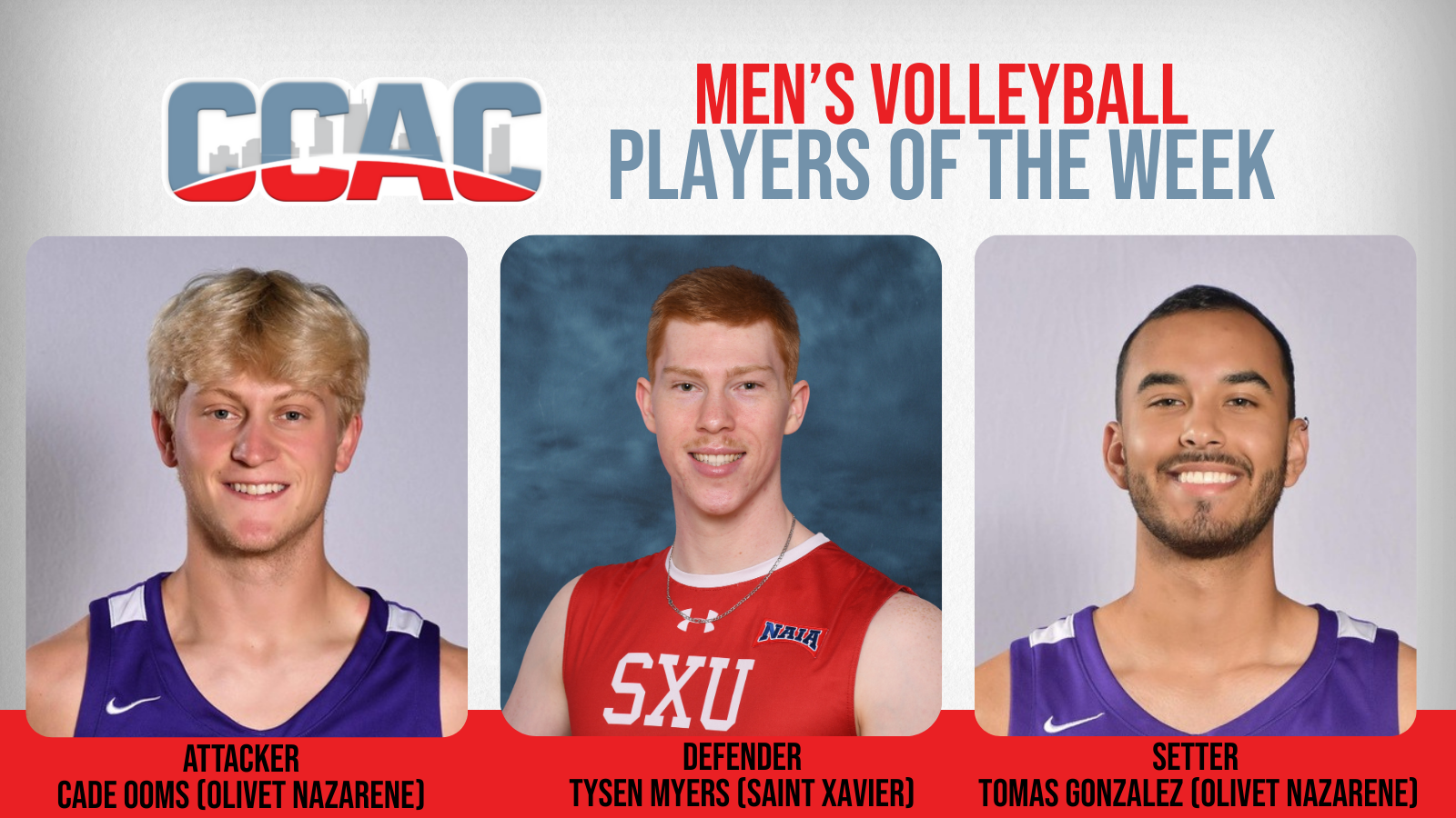 ONU's Ooms, Gonzalez, SXU's Marten Pick Up Men's Volleyball Weekly Honors