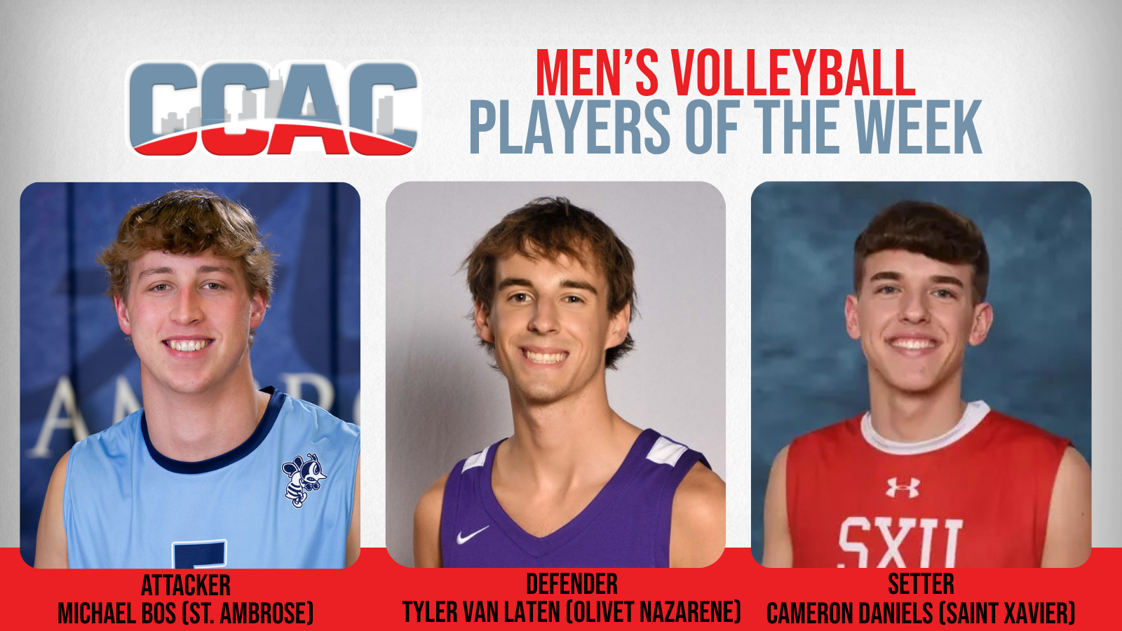 Men's Volleyball Weekly Honors Presented To SAU's Bos, ONU's Van Laten, SXU's Daniels