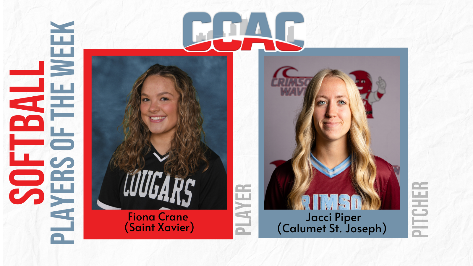SXU's Crane, CCSJ's Piper Gain Softball Player of the Week Recognition