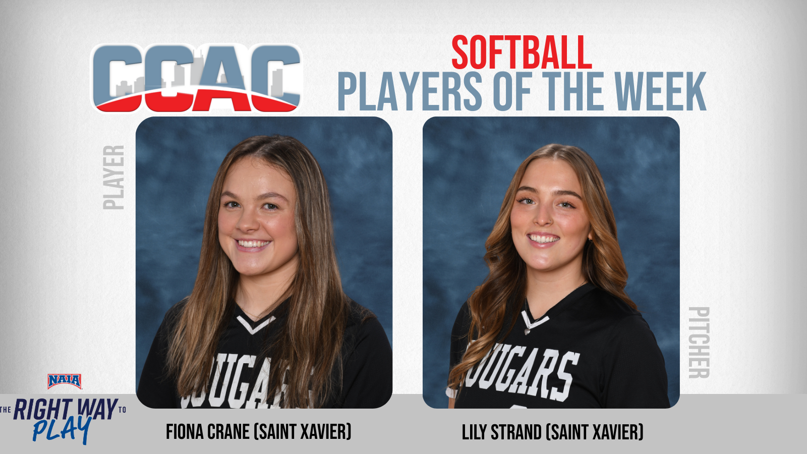 Crane, Strand Provide Sweep of Softball Weekly Honors For Saint Xavier