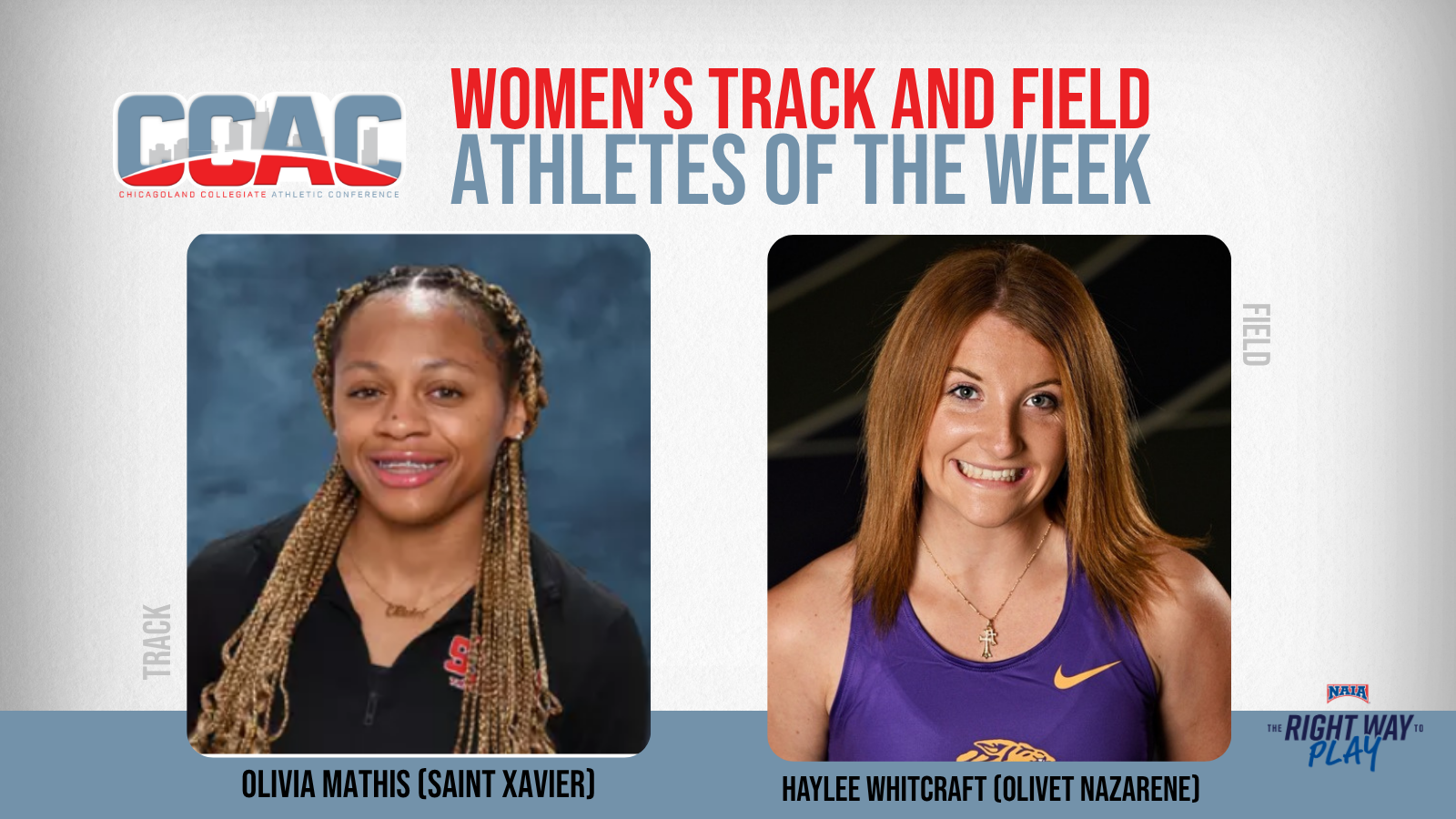 Top NAIA Performances Earn SXU's Mathis, ONU's Whitcraft Weekly Women's T&F Recognition