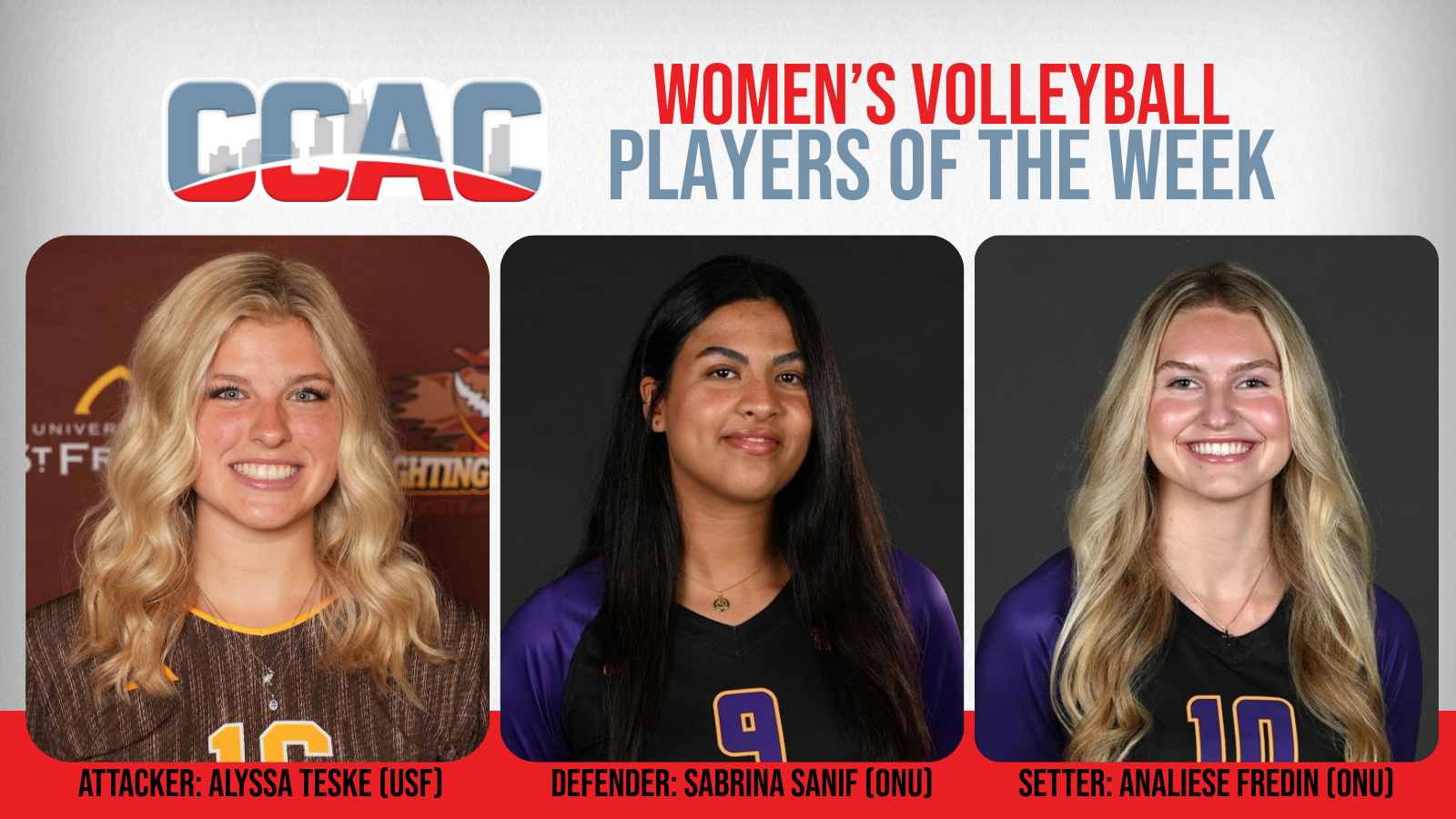 Latest Women's Volleyball Weekly Honors Go To USF's Teske, ONU's Sanif, Fredin